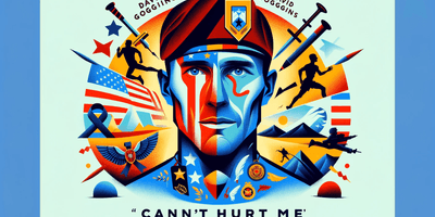 A blog cover image inspired by David Goggins' 'Can't Hurt Me'. The image features symbolic elements of Goggins' journey_ military insignia, running tr.png