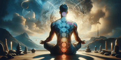 A cinematic blog cover image emphasizing transformative breathwork with a focus on Kundalini chakras. The image shows an individual (Caucasian male in.png