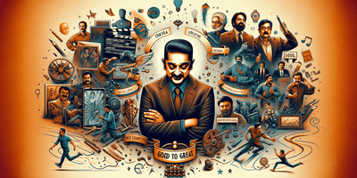 a blog cover image for the theme '@iKamalHaasan & HeyRam - Good to Great'. The image should capture the essence of Kamal Haasan's journey in ci.png