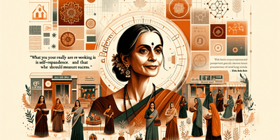 A dignified portrait of Ela Bhat in the center, symbolizing leadership and impact. The background features illustrations of women in self-employment, .png