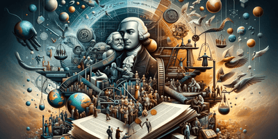 A conceptual and sophisticated digital artwork representing the key themes of Adam Smith's philosophies. The image should include a symbolic represent.png